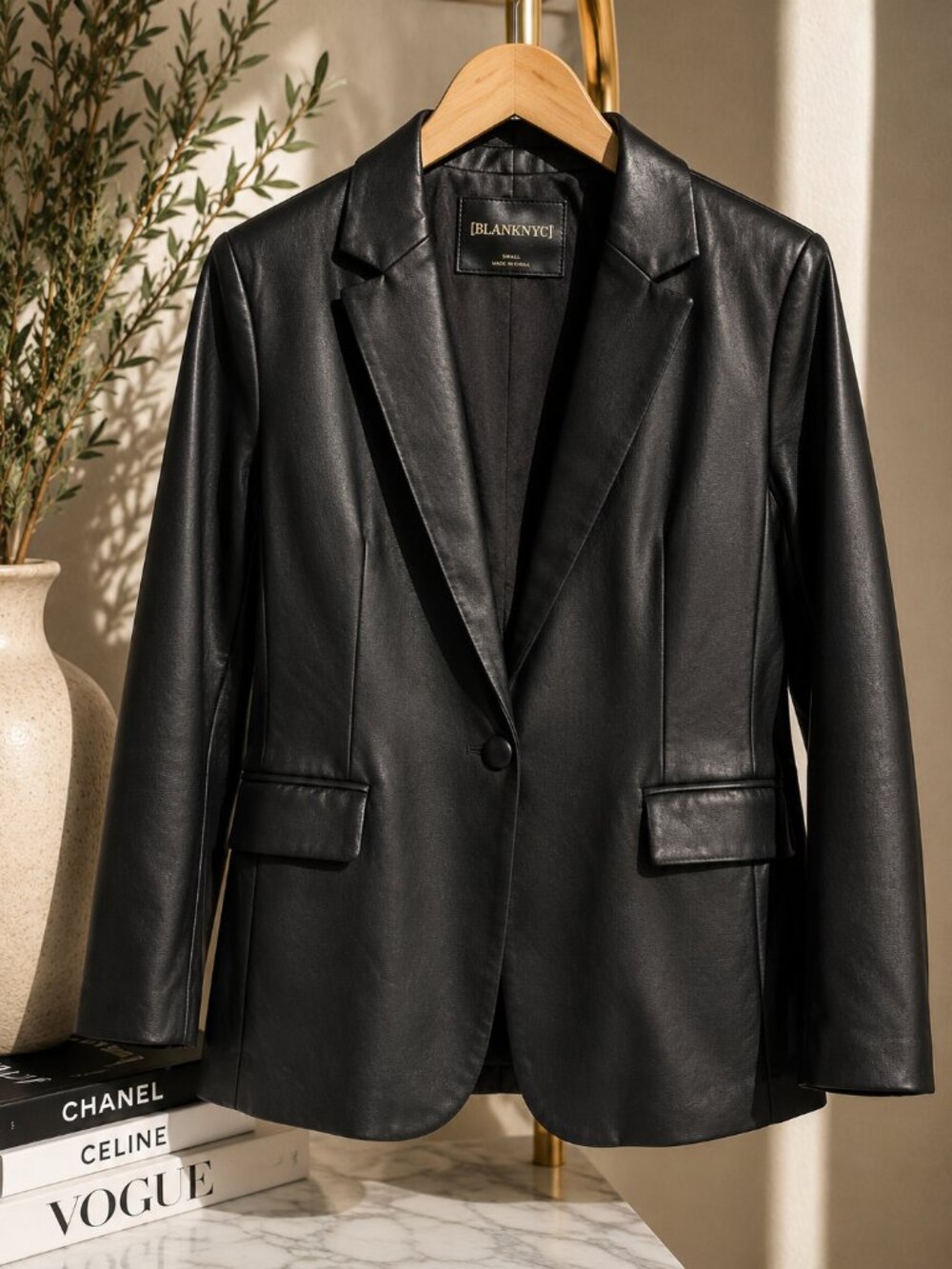 Blank NYC Black Faux Leather Blazer | Single Button | Vegan Leather | Size Small